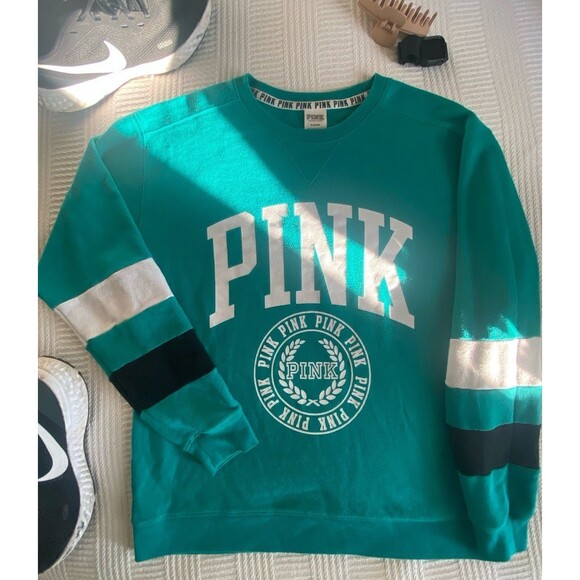 PINK Victoria's Secret Tops - PINK Victoria’s Secret logo crew neck teal green sweatshirt medium long sleeve